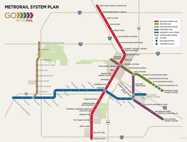 Mapa das estações de metrô de Houston