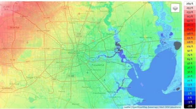 Mapa de elevação de Houston